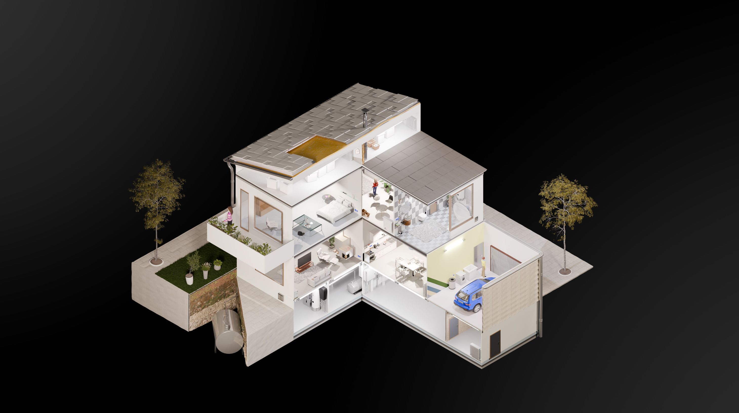 TÜV Hessen - Interaktive Grafike - Asbest- und Schadstoffquellen Zuhause Isometrischer Querschnitt eines mehrstöckigen Einfamilienhauses mit Garage und Garten