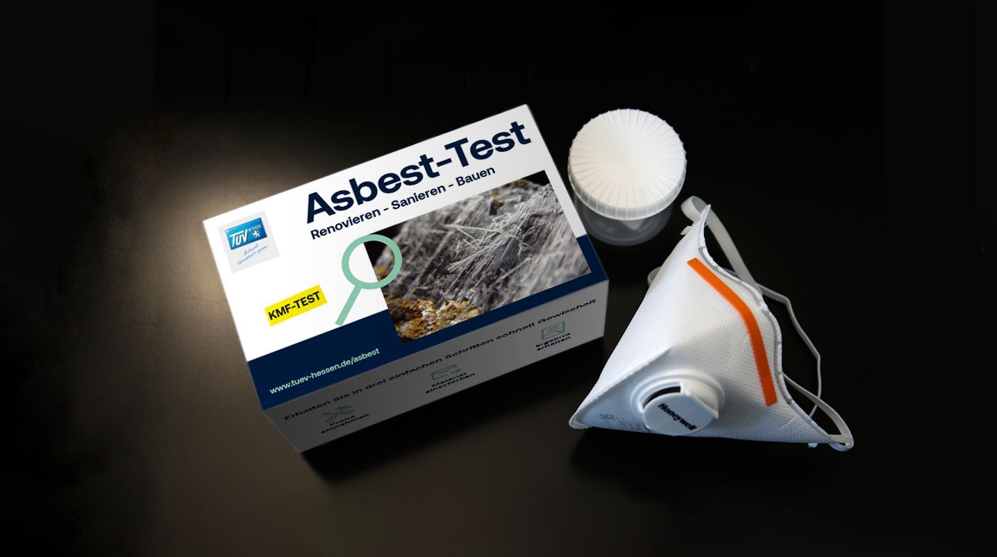 TÜV Hessen Asbest Test Darstellung des TÜV Hessen Asbest-Tests, des Probenbehälters und einer FFP3-Maske